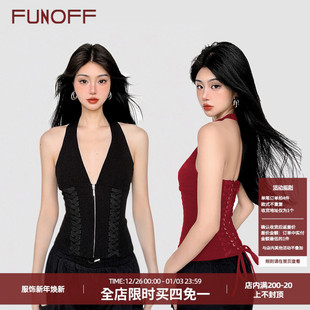 FUNOFF 复古纯色绑带低胸V领挂脖背心夏街头性感收腰露背上衣 美式
