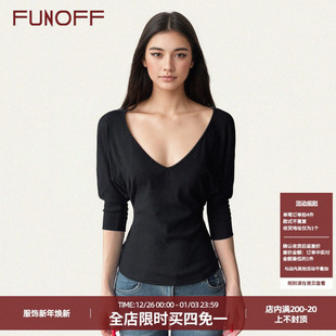 收腰针织T恤百搭显瘦低胸中袖 简约V领黑色蝙蝠袖 上衣 美式 FUNOFF