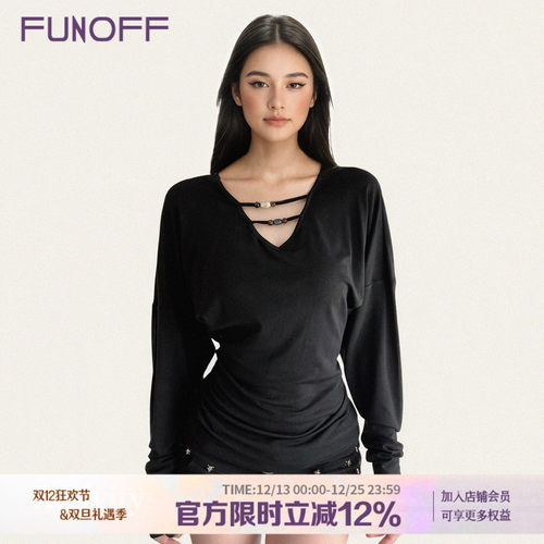 美式复古黑色V领低胸串珠长袖T恤