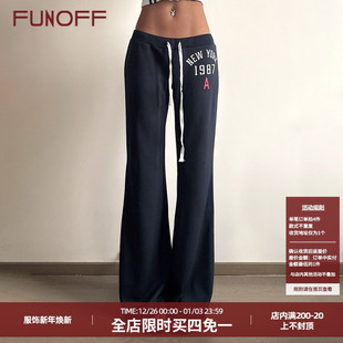 简约休闲直筒遛弯长裤 复古深蓝色印花绑带低腰针织裤 美式 FUNOFF