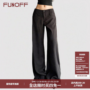 基础百搭显瘦阔腿拖地低腰裤 FUNOFF简约休闲黑色垂感西装 直筒长裤