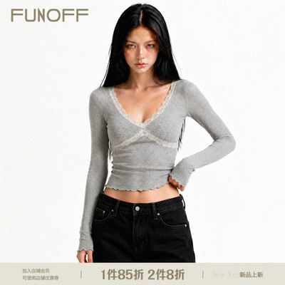 美式复古灰色V领蕾丝拼接长袖女
