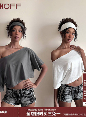 FUNOFF 美式复古基础灰色宽松斜肩T恤街舞简约白色露锁骨露脐上衣