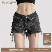 热裤 FUNOFF 绑带修身 复古黑色翻腰头铆钉毛边低腰牛仔短裤 夏 美式