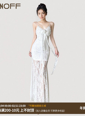 FUNOFF 法式复古白色蕾丝玫瑰吊带鱼尾连性感收腰飘带包臀长裙女