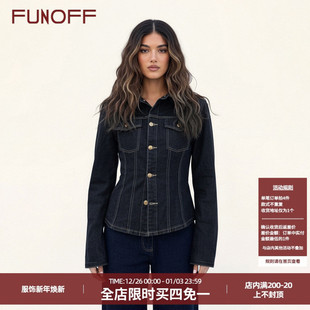 衬衫 复古POLO领纽扣牛仔长袖 简约分割宽松收腰上衣女 美式 FUNOFF