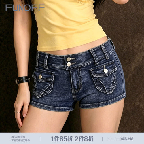 美式复古蓝色口袋低腰牛仔短裤女