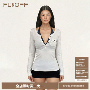 收腰上衣套装 FUNOFF T恤简约修身 复古白色撞色绑带真两件长袖 美式