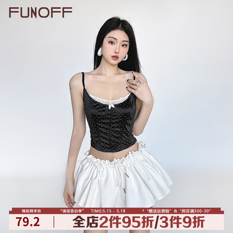 FUNOFF 波尔卡点#法式蕾丝拼接蝴蝶结吊带背心复古可调节肩带上衣 女装/女士精品 背心吊带 原图主图