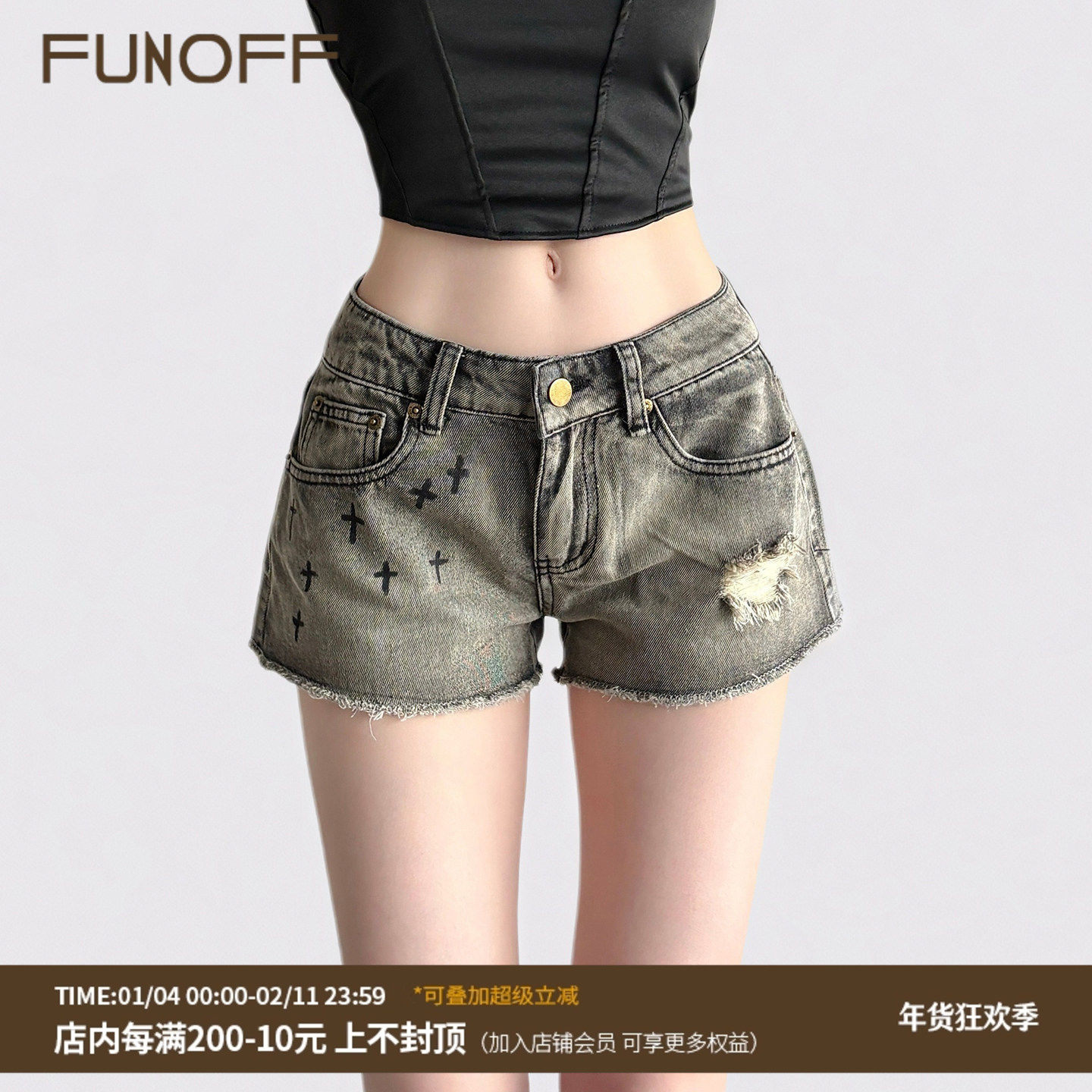 FUNOFF 美式复古十字架印花破洞牛仔短裤夏辣妹毛边口袋显瘦热裤