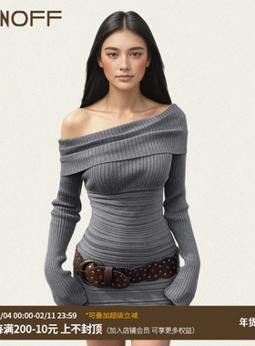 FUNOFF 美式复古灰色斜肩长袖毛织连衣裙性感一字肩收腰包臀短裙