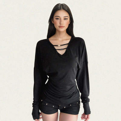 美式复古黑色V领低胸串珠长袖T恤