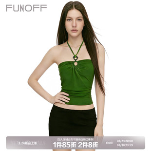 收腰露背上衣女 复古绿色镂空挂脖吊带背心古着感修身 FUNOFF 美式
