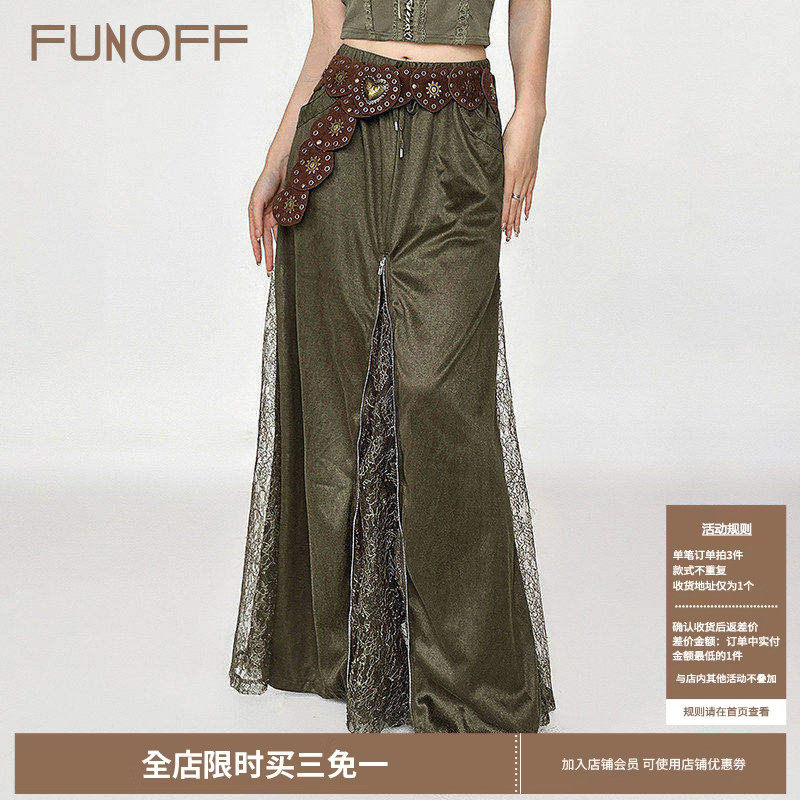 FUNOFF 绿色复古重工蕾丝拼接裙子女夏vintage古着小众长款半身裙