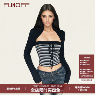 两件套装 FUNOFF 罩衫 复古条纹绑带抹胸背心黑色坎肩长袖 上衣 美式