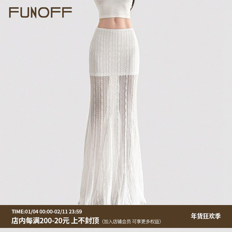 FUNOFF 法式度假风白色蕾丝低腰2025年夏半身裙性感修身鱼尾长裙,女装/女士精品,半身裙,淘宝优惠券,粉丝福利购,淘宝优惠卷