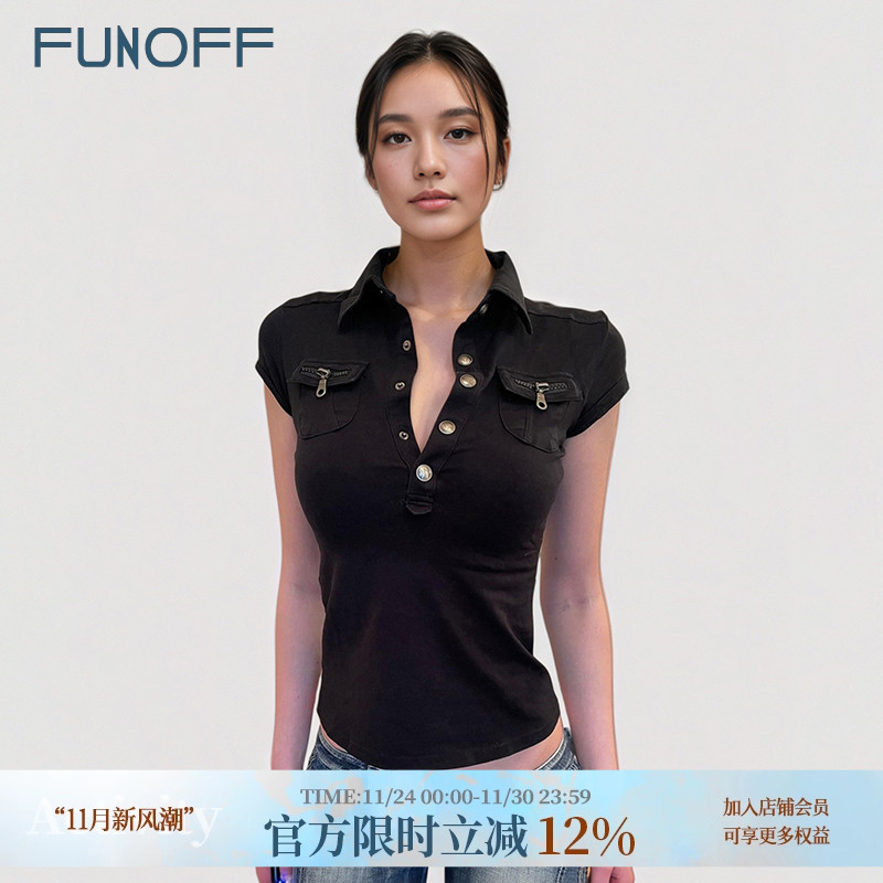 美式复古黑色POLO领口袋短袖衬衫