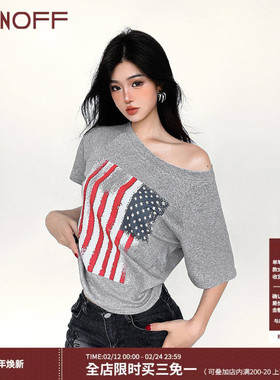 FUNOFF 美式复古灰色印花斜肩短袖T恤夏简约基础休闲圆领宽松上衣