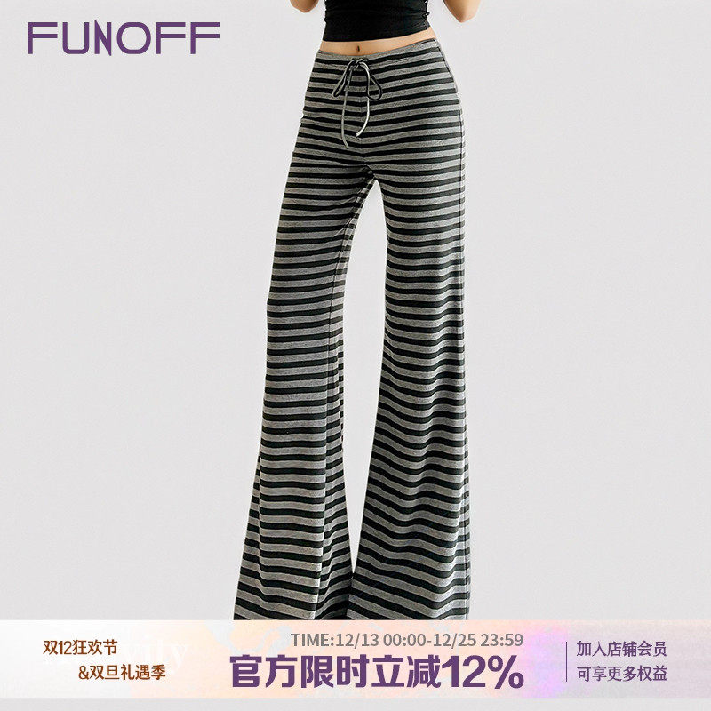 美式复古撞色条纹绑带针织休闲裤