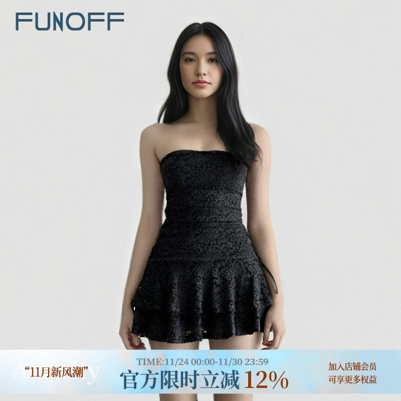 复古黑色蕾丝拼接收腰抹胸连衣裙