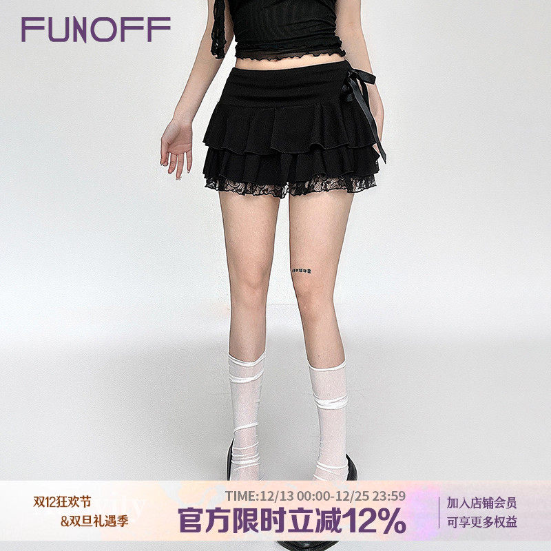 纯色蝴蝶结拼接蕾丝蛋糕半身短裙