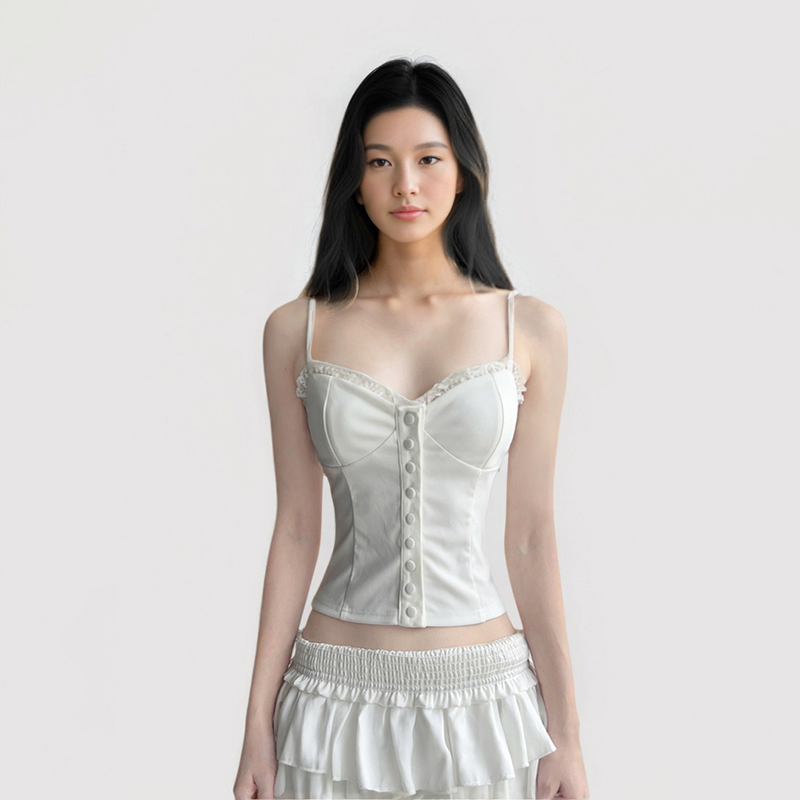 bm风白色蕾丝拼接排扣吊带背心女