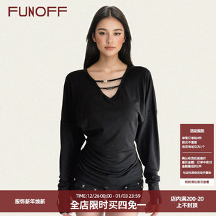 T恤性感收腰蝙蝠袖 复古黑色V领低胸串珠长袖 打底上衣 美式 FUNOFF