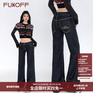 垂感直筒长裤 复古牛仔原色后口袋logo刺绣微弹阔腿裤 美式 FUNOFF