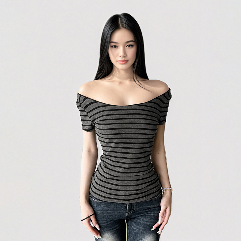 美式复古深灰色条纹一字肩短袖T