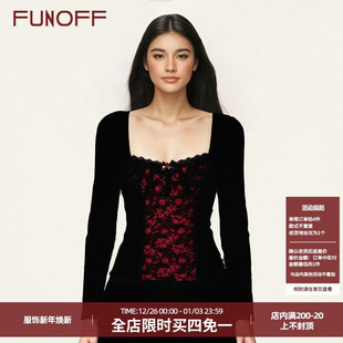 T恤轻亚修身 复古红黑撞色蕾丝方领长袖 收腰内搭上衣女 法式 FUNOFF
