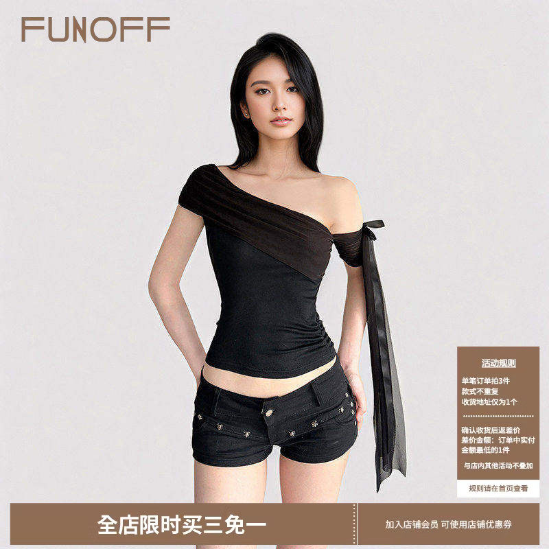 FUNOFF 美式简约黑色网纱斜肩飘带T恤设计感白色一字肩针织上衣夏