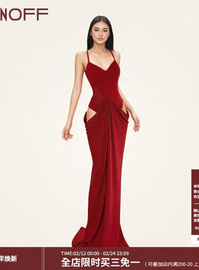 FUNOFF简约红色低胸束腰吊带鱼尾长裙性感透视修身收腰开叉连衣裙
