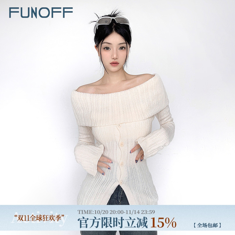 2024秋季长袖一字肩毛衣外套开叉