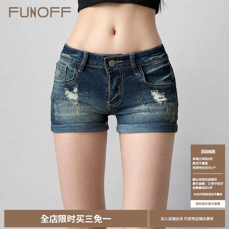 FUNOFF 美式复古低腰洗水破洞牛仔短裤辣妹磨白烫钻口袋显瘦热裤