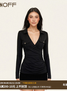 FUNOFF 美式复古黑色口袋翻领V领长袖衬衫性感低胸收腰T恤上衣秋