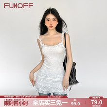 FUNOFF 不规则叠穿双层荷叶边方领黑色吊带连衣裙包臀短裙女夏季