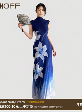 FUNOFF 复古蓝色花卉渐变燕尾旗袍连衣裙新中式显瘦收腰网纱长裙