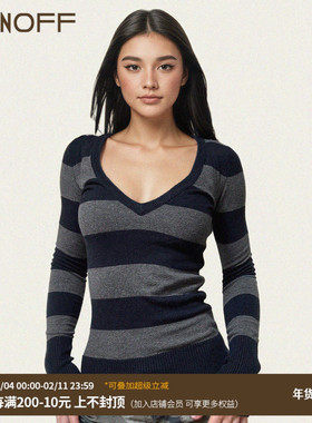 FUNOFF 美式复古深蓝色V领长袖毛织长袖2025秋冬性格低胸收腰上衣