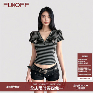 T恤简约低胸收腰露脐上衣夏 风条纹V领口袋短袖 FUNOFF美式 复古工装