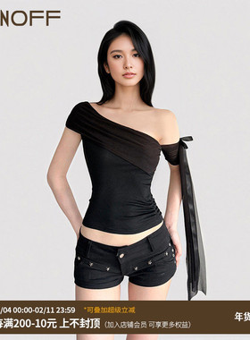 FUNOFF 美式简约黑色网纱斜肩飘带T恤设计感白色一字肩针织上衣夏