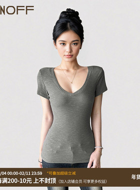 FUNOFF 美式简约灰色V领低胸收腰短袖T恤2025夏百搭修身显瘦上衣