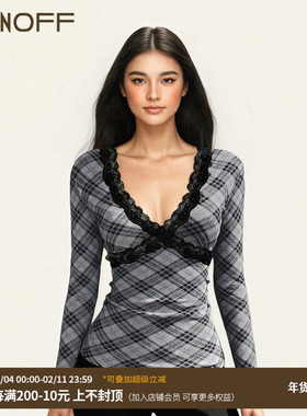 FUNOFF 美式复古灰色格纹蕾丝V领长袖打底衫性感低胸修身收腰上衣