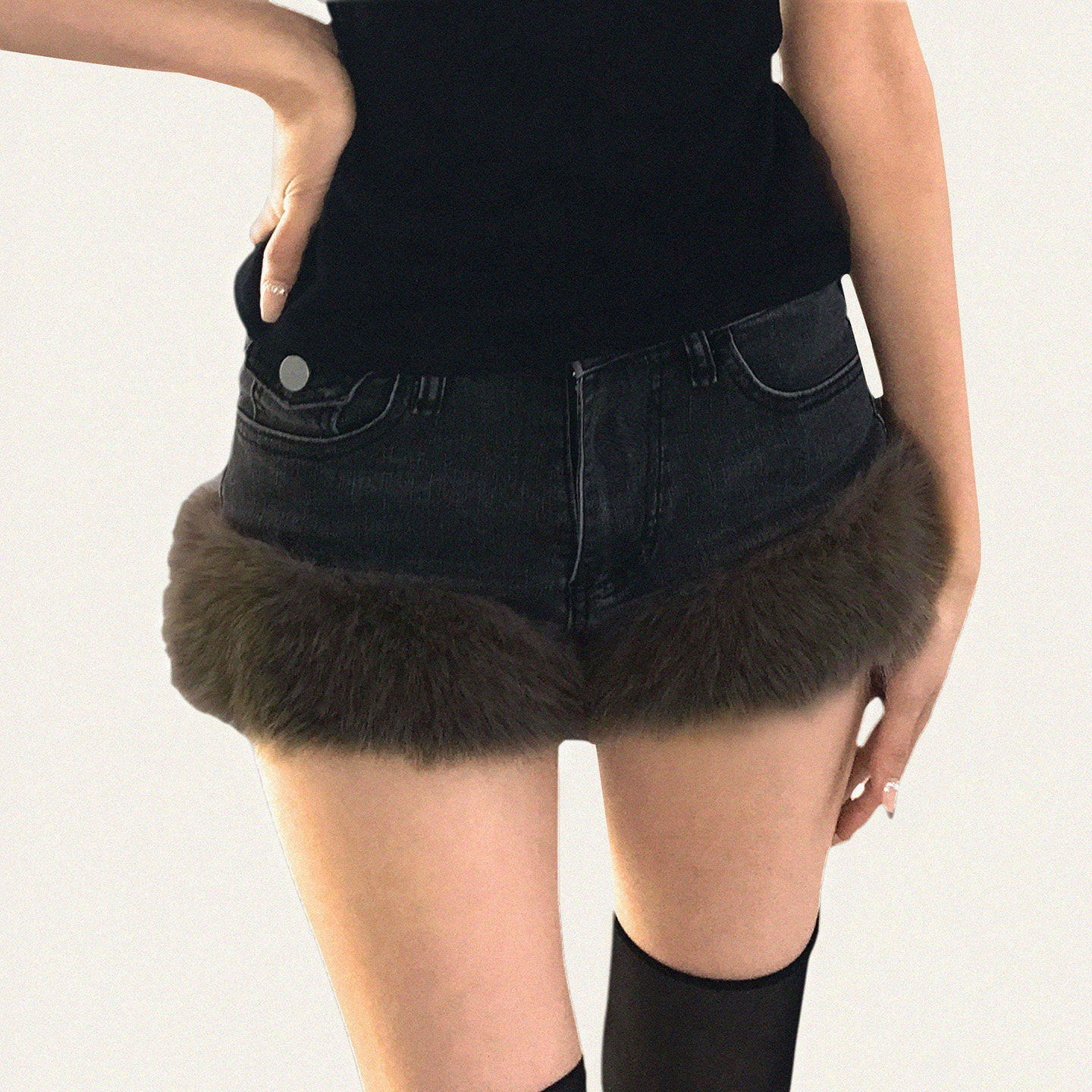 FUNOFF 美式复古做旧黑色多口袋毛边牛仔短裤女轻亚低腰修身热裤