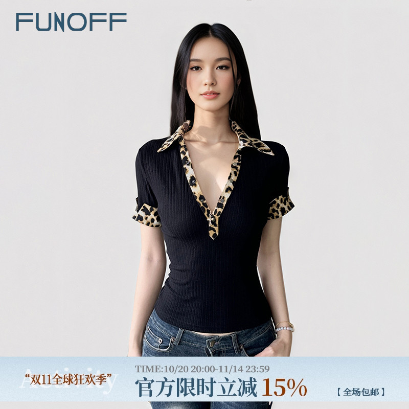 美式复古豹纹POLO领低胸短袖衬衫