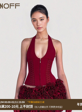 FUNOFF 美式街头红色绑带挂脖收腰吊带背心辣妹性感露背低胸上衣