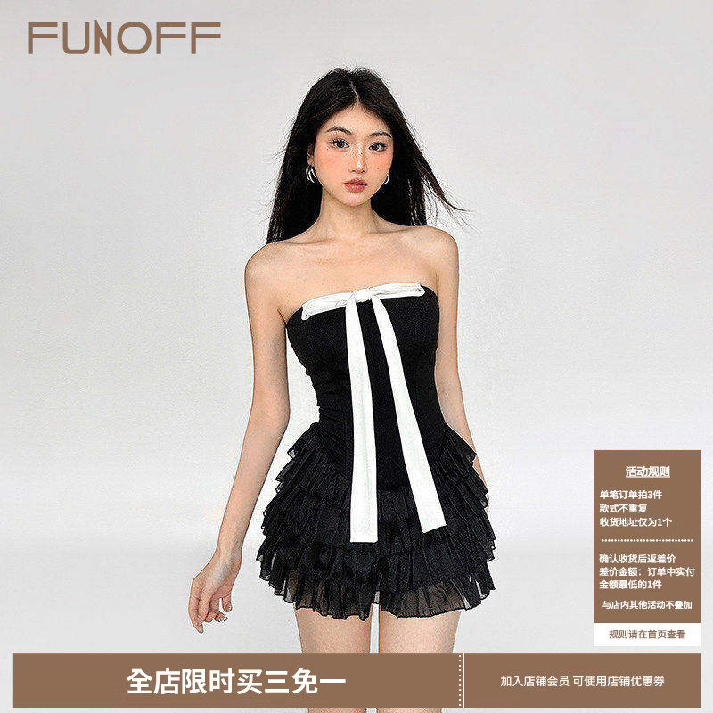 FUNOFF 黑色蝴蝶结鱼骨束腰抹胸连衣裙新款女夏网纱蛋糕生日短裙
