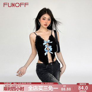 FUNOFF 辣妹收腰上衣女 蝴蝶结镂空蕾丝拼接吊带胸衣法式 墨蓝少女