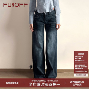 直筒长裤 FUNOFF 简约基础修身 复古蓝色磨白口袋低腰牛仔裤 女 美式