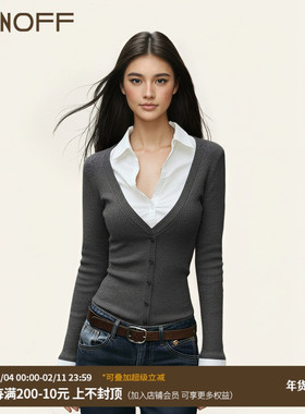 FUNOFF 美式复古灰色假两件POLO亨利领长袖衬衫低胸纽扣收腰上衣