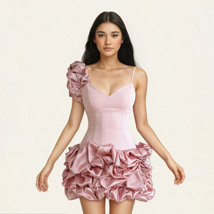 FUNOFF 少女感粉色荷叶边吊带连衣裙节日设计感蓬蓬裙礼服 法式